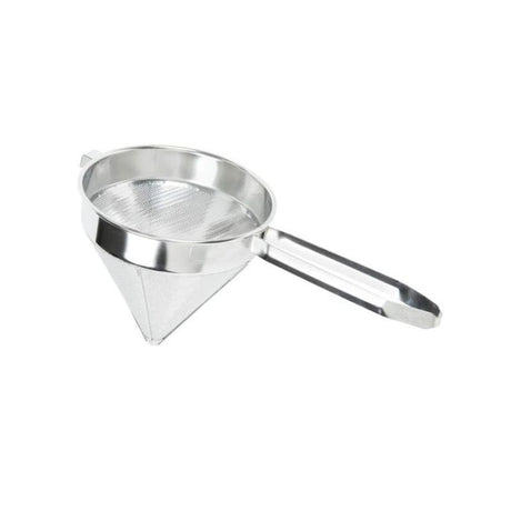 Fine conical strainer (180MM) with clip hooks for hands-free use, perfect for precise straining and easy storage.