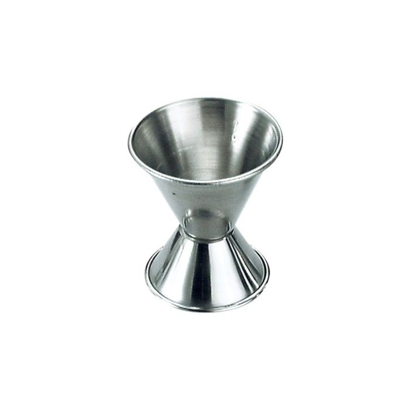 High-quality stainless steel jigger set (12 units) for precise 15ml and 30ml measuring in cocktail making.