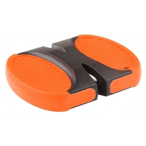 Compact orange mini knife sharpener with tungsten carbide and ceramic slots, designed for effortless blade maintenance.