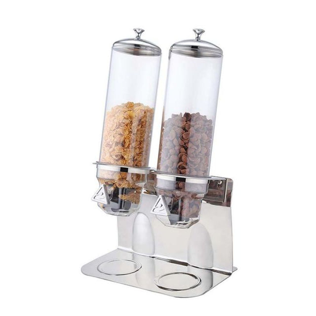 Sleek double cereal dispenser with stainless steel stand, clear canisters, and portion control knob for mess-free serving.