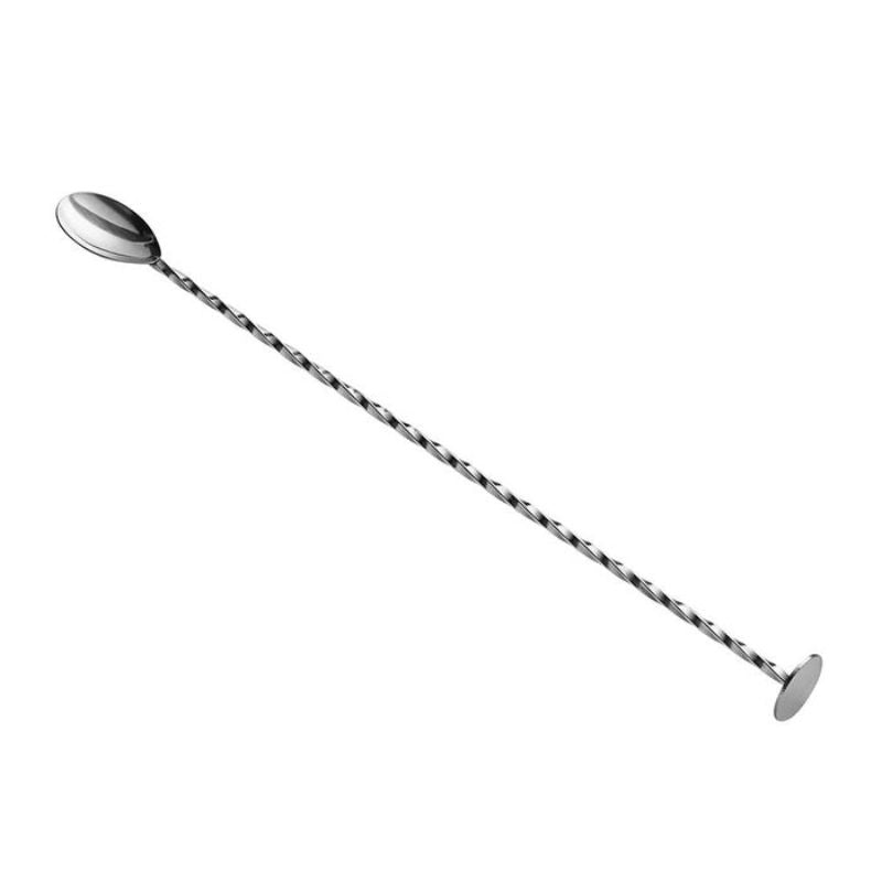 Stainless steel bar muddling spoon with masher (27.5cm) for mixing cocktails and crushing ingredients like herbs and fruits.