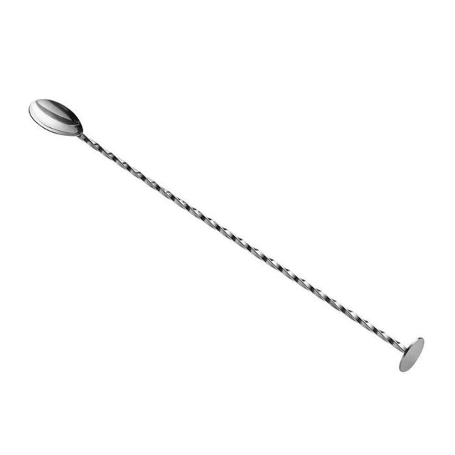 Stainless steel bar muddling spoon with masher (27.5cm) for mixing cocktails and crushing ingredients like herbs and fruits.