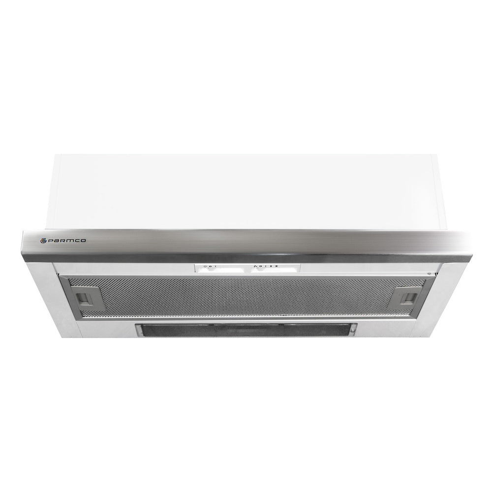 Sleek 600mm telescopic Milano rangehood in kitchen, featuring 440m3/hr air capacity, LED lights, and removable grease filters.