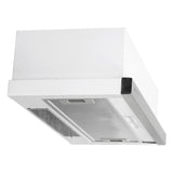 Sleek 600mm Telescopic Milano Rangehood with 440m3/hour capacity, LED lights, and 3 speed settings for effective kitchen ventilation.