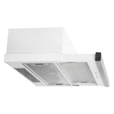 Sleek 600mm telescopic Milano rangehood with LED lights, 440m3/h air capacity, 3 speeds, and removable grease filters.