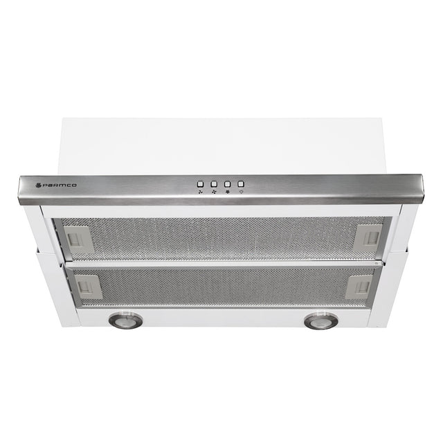 Sleek 600mm telescopic Milano rangehood with LED lights, 700m3/hour capacity, and easy-clean aluminum grease filters.