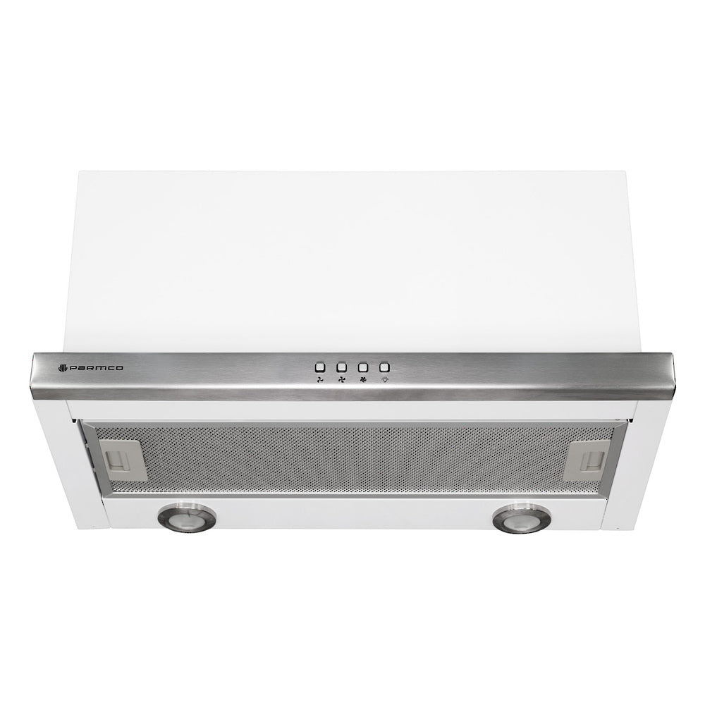 600mm Telescopic Milano Rangehood with LED lights, 700m3/hour air capacity, three speeds, and removable aluminum grease filters.