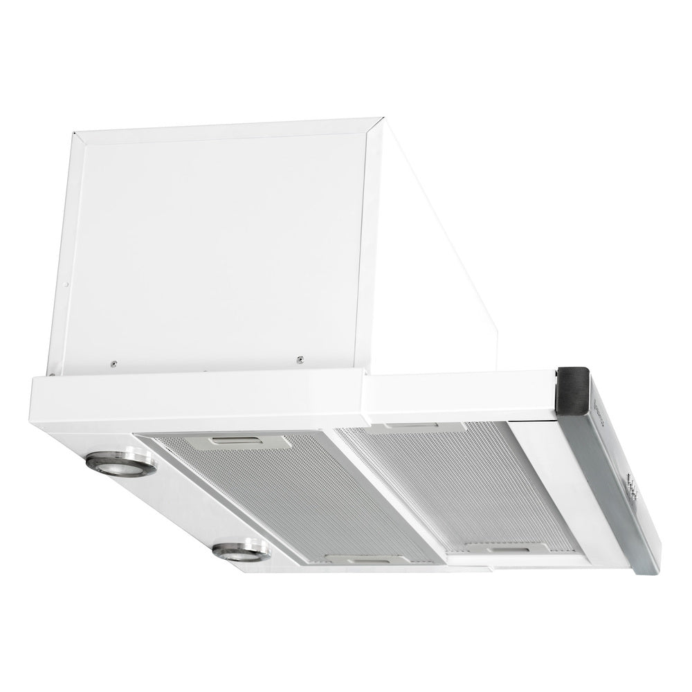 600mm Telescopic Milano Rangehood with LED lights, 700m³/h capacity, and 3 speed settings for efficient kitchen ventilation.