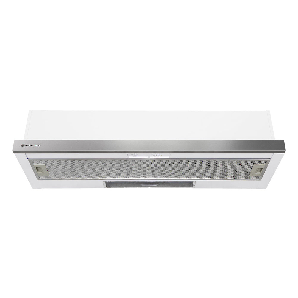 900mm Telescopic Milano Rangehood with LED lights and 440m³/h air capacity, featuring 3-speed settings and removable aluminum grease filters.