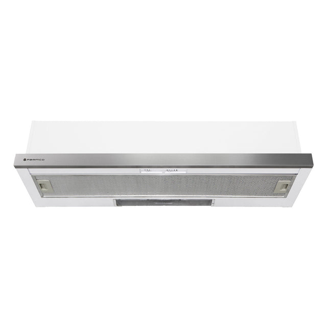 900mm Telescopic Milano Rangehood with LED lights and 440m³/h air capacity, featuring 3-speed settings and removable aluminum grease filters.