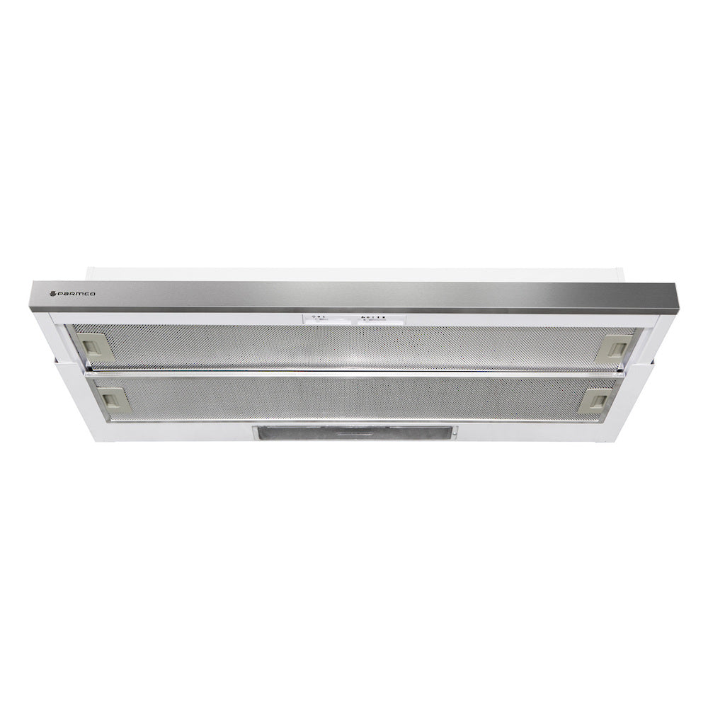 900mm Telescopic Milano Rangehood with LED lights, 440m³/h capacity, 3-speed settings, and easy-clean grease filters.