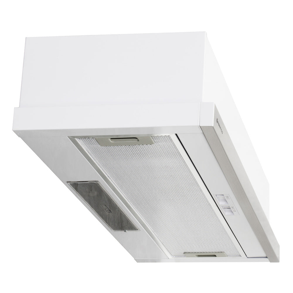 900mm Telescopic Milano Rangehood with LED lights, 3-speed settings, and 440m3/hour air capacity for efficient kitchen ventilation.