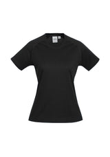 Ladies Sprint Tee in black, size 16, featuring breathable fabric, moisture-wicking properties, and stylish crew neck design.