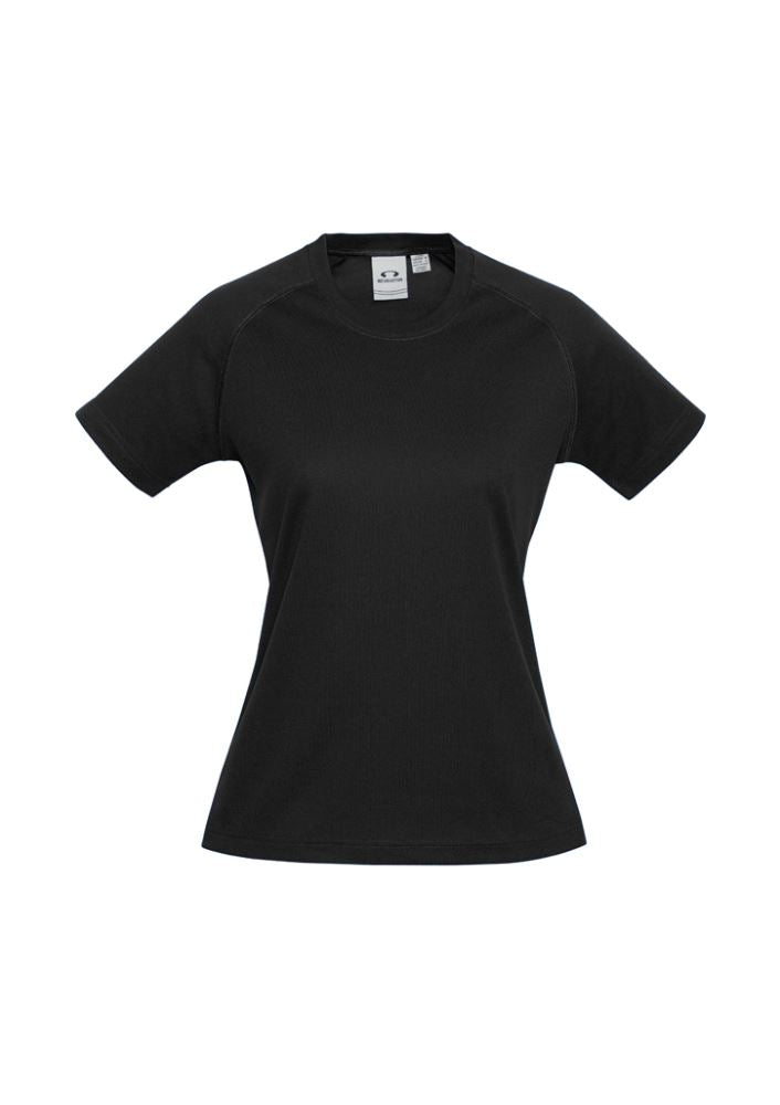 Ladies Sprint Tee in black, size 12, featuring breathable fabric, UPF protection, and a stylish crew neck design for activewear.