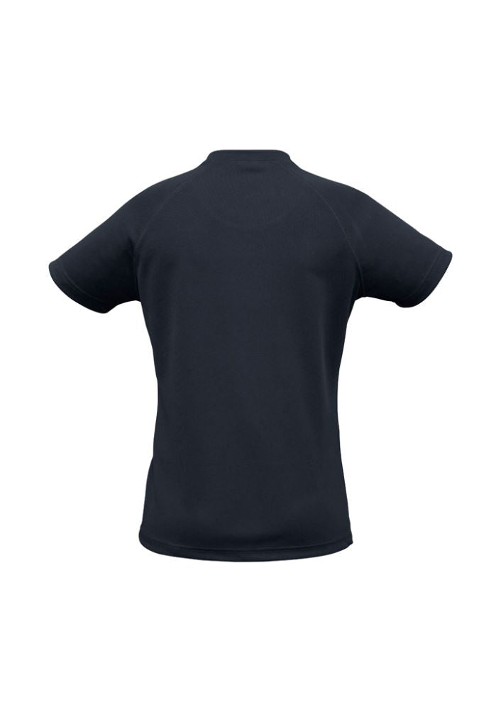 Navy women's sprint tee in size 8, featuring breathable mesh fabric, UPF protection, and a flattering crew neck design.