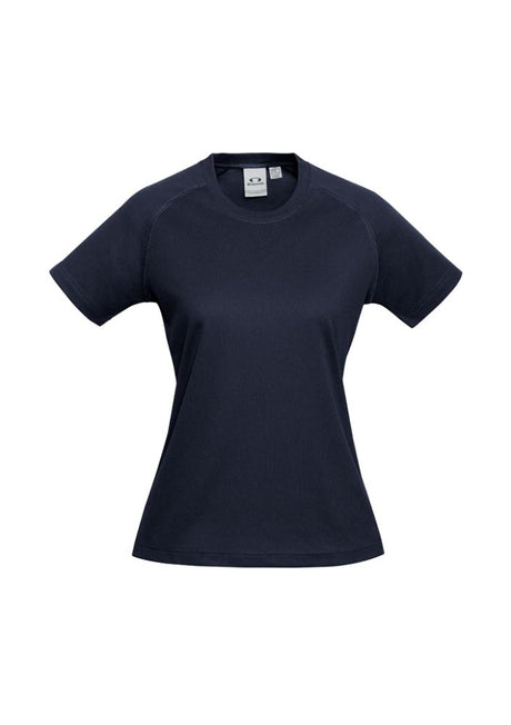 Ladies navy sprint tee in size 12, featuring breathable fabric, crew neck, and flat lock armholes for comfort and style.