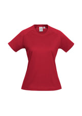 Ladies Sprint Tee in vibrant red, size 14, crafted from breathable polyester for maximum comfort and sun protection.