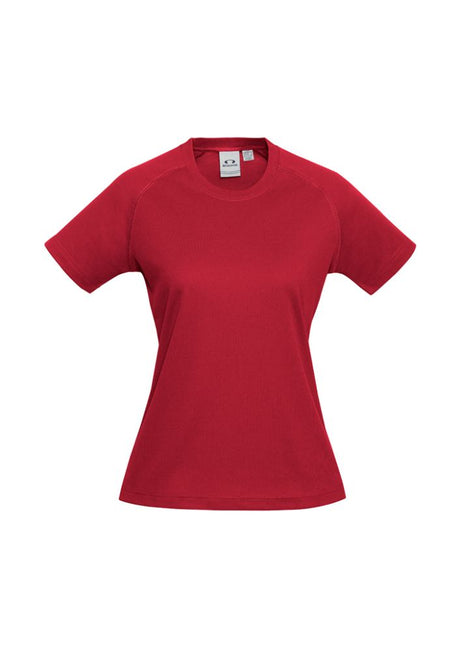 Ladies Sprint Tee in vibrant red, size 14, crafted from breathable polyester for maximum comfort and sun protection.