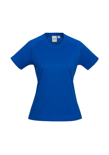 Ladies Sprint Tee in royal blue, size 14, featuring breathable mesh fabric, lightweight design, UPF protection, and stylish fit.