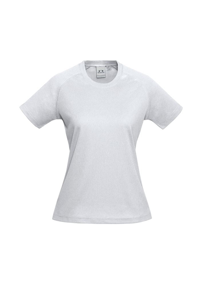 Ladies Sprint Tee in white, size 16, made from breathable polyester with crew neck and raglan armholes for comfort.