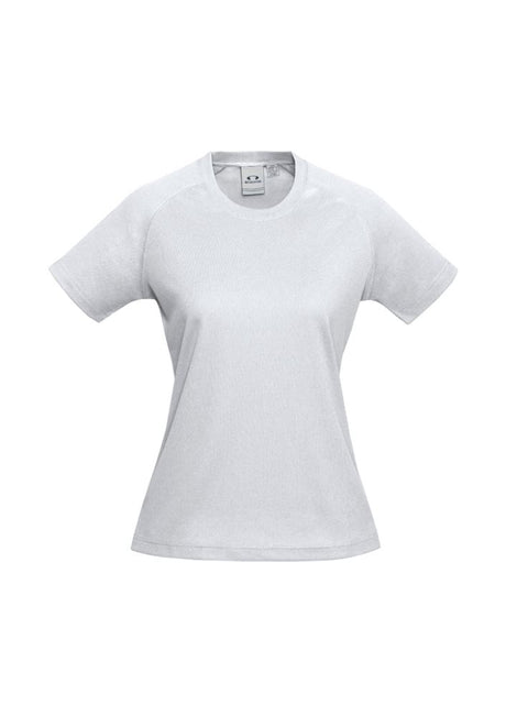 Ladies Sprint Tee in white, size 12, featuring breathable fabric, UPF protection, and a flattering design for active wear.