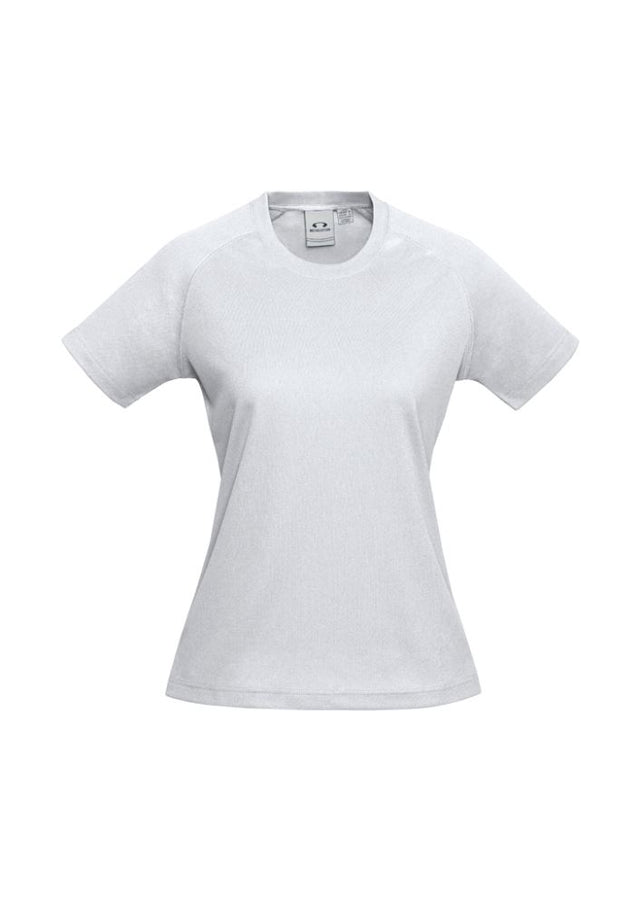 Ladies Sprint Tee in white, size 12, featuring breathable fabric, UPF protection, and a flattering design for active wear.