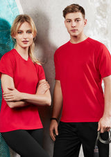Ladies Sprint Tee in red, size 16, featuring breathable material, crew neck, and raglan armholes for active comfort.