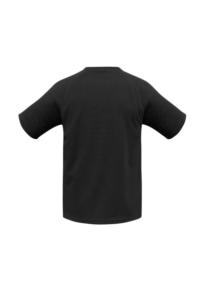 Kids Sprint Tee in black, size 14, made from breathable polyester for comfort during sports and outdoor play.