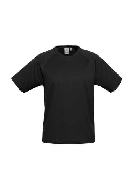 Kids Sprint Tee in black, size 12, made from breathable polyester with UPF protection and durable design for active play.