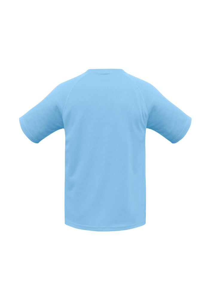 Kids Sprint Tee in Spring Blue, size 14, featuring breathable fabric, modern crew neck, and UPF protection for active play.