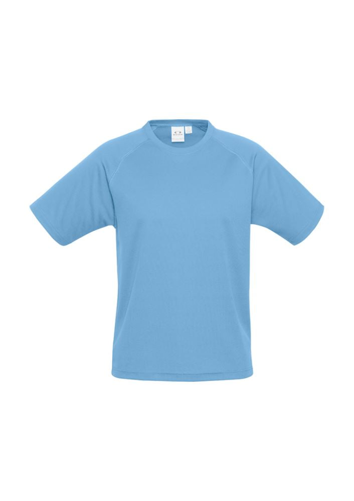 Kids Sprint Tee in Spring Blue, size 14, featuring breathable polyester, a comfortable fit, and great UV protection for active play.