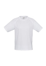 Kids Sprint Tee in white, size 8, made of breathable polyester with UPF protection, perfect for active play in warm weather.