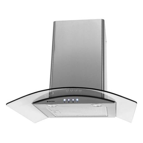 Sleek 600mm Parmco curved glass canopy range hood with LED lighting, adjustable speeds, and easy-clean aluminum filters.