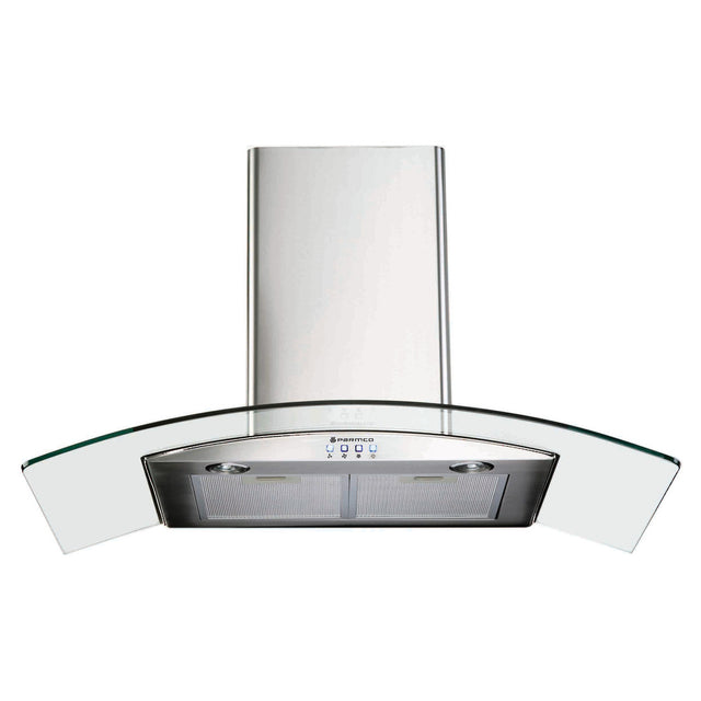 Sleek 900mm Parmco Canopy Rangehood with curved glass, LED lights, and 1000m³/h airflow for an elegant kitchen upgrade.