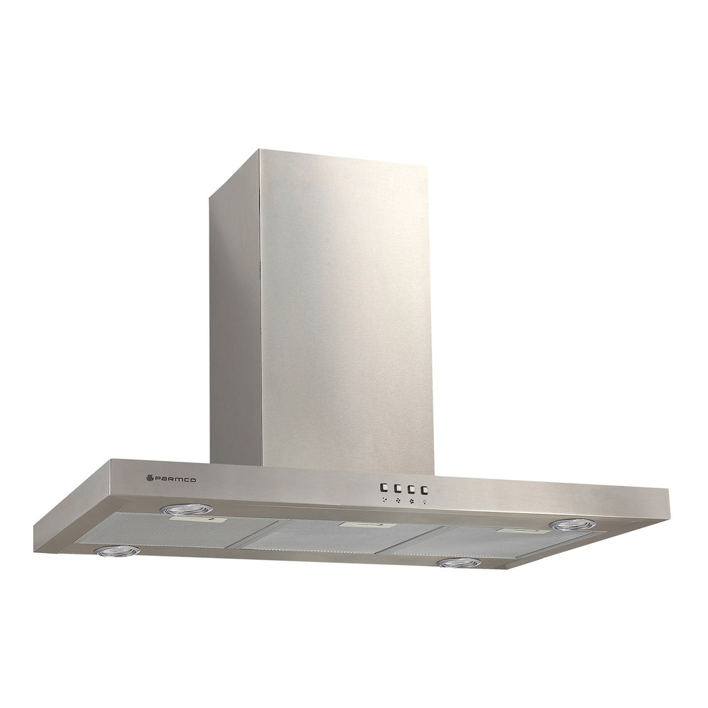 Sleek Parmco 900mm island rangehood with low-profile design, push-button controls, LED lights, and effective grease filters.