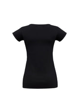 Ladies Viva Tee in black, size 18 - stylish V-neck, cap sleeves, soft stretch fabric, excellent UV protection, versatile for any occasion.