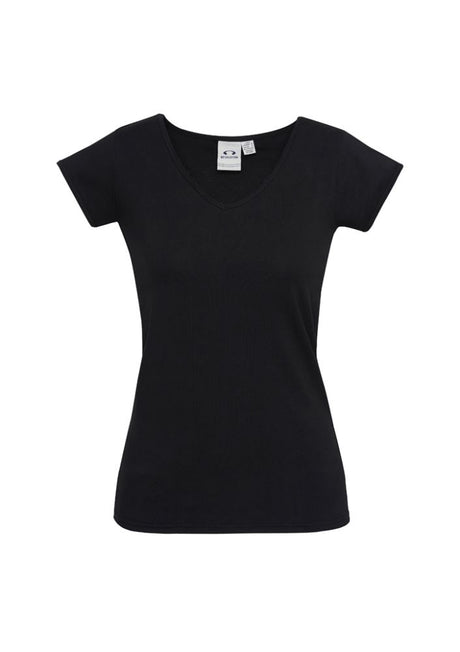 Ladies Viva Tee in black, size 18, featuring soft cotton blend, V-neck, cap sleeves, and excellent UV protection for comfort.