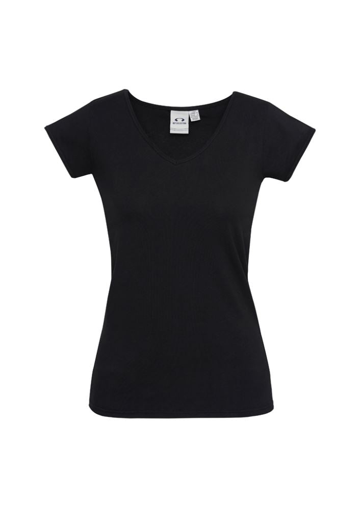 Ladies Viva Tee in black, Size 14, featuring cap sleeves, V-neck, and excellent stretch, perfect for casual and work wear.