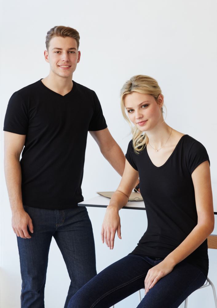 Ladies Viva Tee in Black, Size 8, featuring a V-neck, cap sleeves, and breathable cotton-elastane fabric for comfort and style.