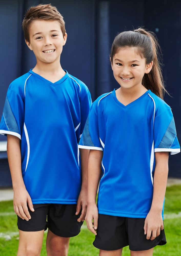 Kids Razor Tee in navy and white, size 12, featuring breathable fabric, UV protection, and stylish design for active wear.