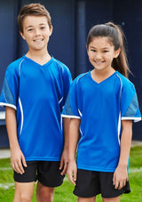 Kids Razor Tee in navy and white, size 12, featuring breathable fabric, UV protection, and stylish design for active wear.