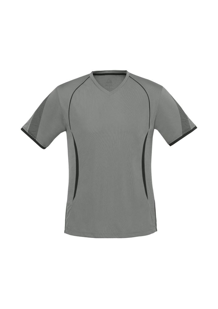 Kids Razor Tee in Ash/Black, Size 12, with moisture-wicking fabric, stylish design, and breathable mesh panels.