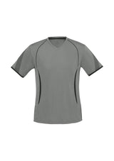 Kids Razor Tee in Ash/Black, Size 12, with moisture-wicking fabric, stylish design, and breathable mesh panels.