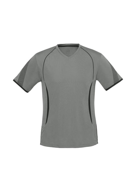 Kids Razor Tee in Ash/Black, Size 12, with moisture-wicking fabric, stylish design, and breathable mesh panels.