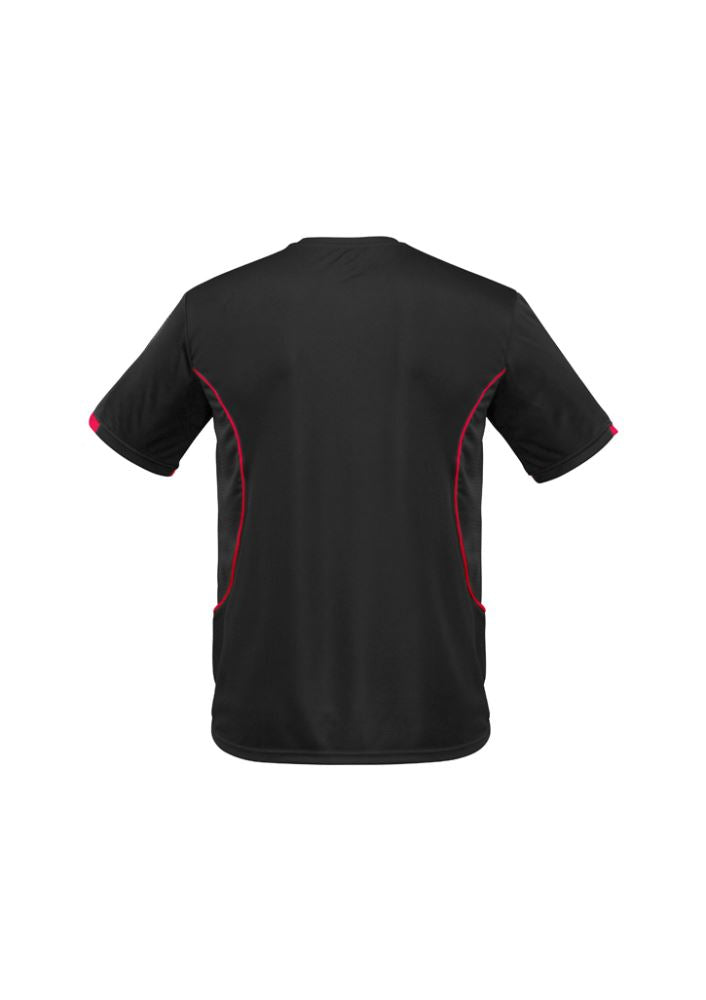 Kids Razor Tee in Black/Red, size 10, features breathable fabric, unique sleeve print, and sporty design for active play.