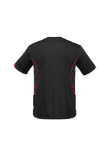 Kids Razor Tee in Black/Red, size 10, features breathable fabric, unique sleeve print, and sporty design for active play.