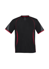 Kids Razor Tee in Black/Red, size 10, features breathable fabric, unique sleeve print, and sporty design for active play.