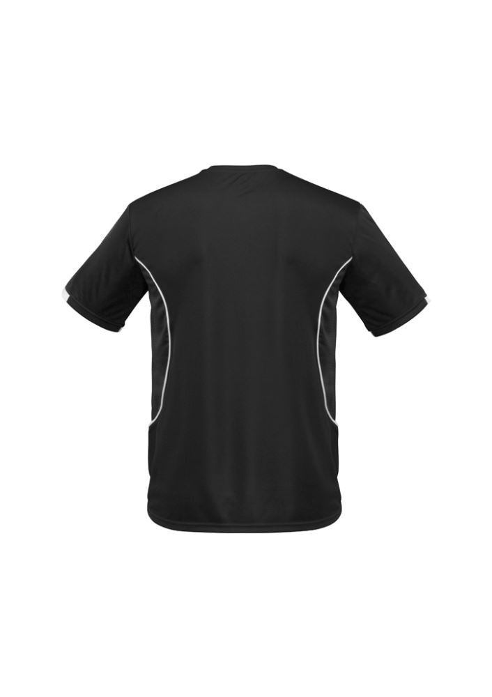 Kids Razor Tee in black and white, size 12, featuring breathable mesh panels, stylish prints, and UPF sun protection.