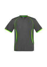 Kids Razor Tee in Grey/Fluoro Lime, Size 16, featuring breathable mesh, stylish prints, and excellent UV protection for active play.