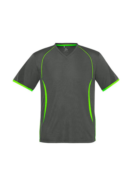 Kids Razor Tee in Grey/Fluoro Lime, Size 16, featuring breathable mesh, stylish prints, and excellent UV protection for active play.